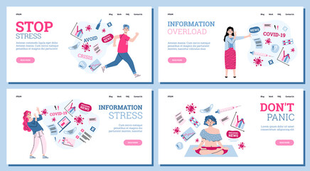 Obraz premium People overloading by information about covid-19 virus and world pandemic coronavirus. Persons experience stress, fear and tired from breaking news and data from internet. Vector