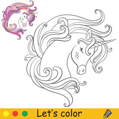 Cute dreaming portrait of unicorn. Coloring book page with colorful template. Vector cartoon illustration isolated on white background. For coloring book, preschool education, print, design,decor and