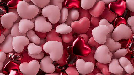 Multicolored Heart background. Valentine Wallpaper with Pink, Red Glass and Red Metallic love hearts. 3D Render 