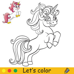 Obraz na płótnie Canvas Cute jumping smiling unicorn. Coloring book page for children with colorful template. Vector cartoon illustration isolated on white background. For coloring book,preschool education,print and game