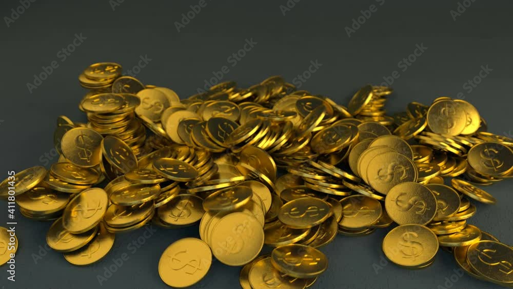 Poster falling stacks of golden coins in slow motion. 3d render animation