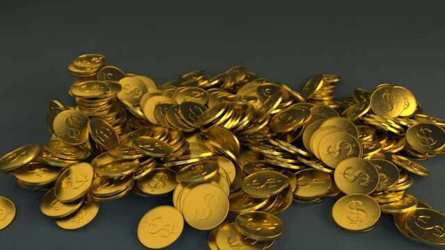 Falling stacks of golden coins in slow motion. 3D render animation