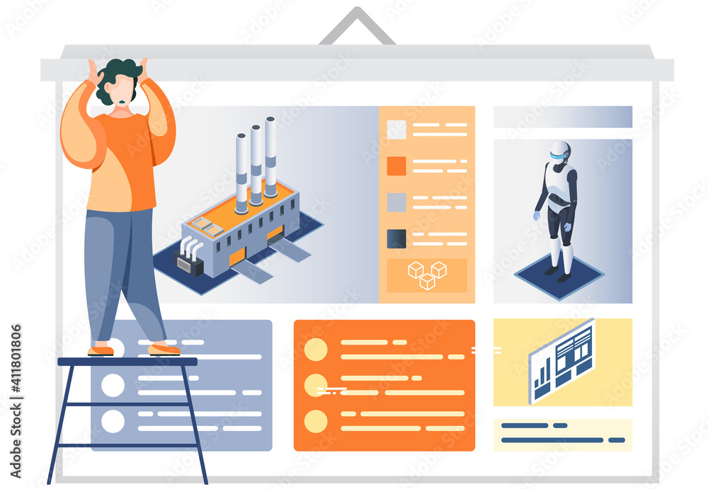 Aufkleber man looking at poster with description of industry automation factory robot-driven. industrial inter