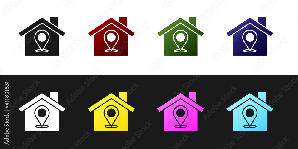Poster set map pointer with house icon isolated on black and white background. home location marker symbol.