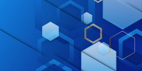 Light blue and dark blue hexagonal wireframe background with plexus effect and gold hexagon. Futuristic vector illustration. Blue digital modern business presentation background.