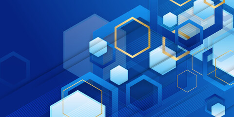Light blue and dark blue hexagonal wireframe background with plexus effect and gold hexagon. Futuristic vector illustration. Blue digital modern business presentation background.
