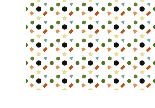 Patr&oacute;n de figuras geom&eacute;tricas, c&iacute;rculo, estrella, trapecio, rect&aacute;ngulo, hex&aacute;gono y tri&aacute;ngulo con colores renacentistas sobre fondo blanco