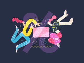 Discounts, sale, promotion voucher - modern flat vector concept illustration of people dancing with a gift or discount card