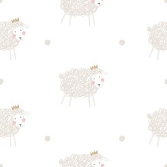 Cute hand drawn sheep. Patel vector seamless pattern with cute sheep in crown