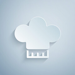Paper cut Chef hat icon isolated on grey background. Cooking symbol. Cooks hat. Paper art style. Vector.