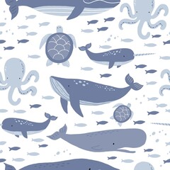 Vector with cute Arctic animals - Polar bear, seal, walrus, whale, fish, narwhal, albatross.  Seamless pattern with Cartoon characters Arctic and antarctic animals © NadezdaBarkova