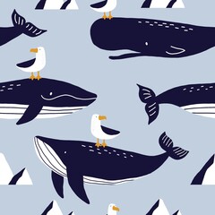 Cute wild Whale - Vector illustration. Cartoon whale, characters in scandinavian style for children. Seamless pattern with whale