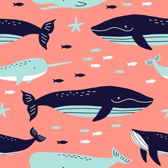 Cute wild Whale - Vector illustration. Cartoon whale, characters in scandinavian style for children. Seamless pattern with whale © NadezdaBarkova