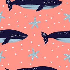 Cute wild Whale - Vector illustration. Cartoon whale, characters in scandinavian style for children. Seamless pattern with whale © NadezdaBarkova