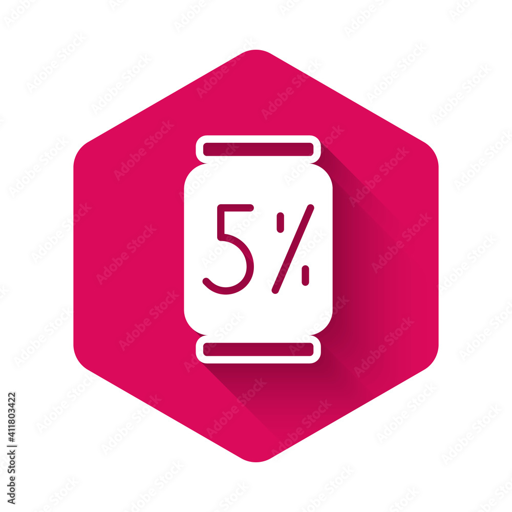 Poster white beer can icon isolated with long shadow background. pink hexagon button. vector.