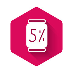 White Beer can icon isolated with long shadow background. Pink hexagon button. Vector.