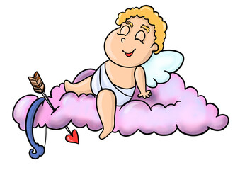 Cupid angel sit on cloud. Hand drawn cute blonde hair cupid sit on pink cloud. Isolated on white background. Valentines day, romantic, love concept. Cartoon.