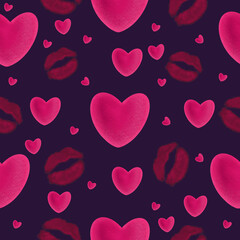 Hearts and lip prints seamless pattern. Hand drawn Valentines Day digital paper, seamless patterns isolated on dark background. Love, romantic concept. Design for wrapping, gift paper, backgrounds.