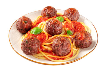 Meatballs with tomato sauce and spaghetti pasta, isolated on a white background with a clipping path