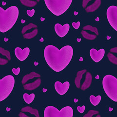 Violet Hearts and lip prints seamless pattern. Hand drawn Valentines Day digital paper, isolated on black background. Love, romantic concept. Design for wrapping, gift paper, backgrounds.