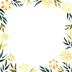 Watercolor illustration of yellow flowers and green leaves. Frame for decoration. Free space for text