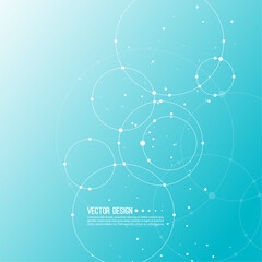 Vector abstract background with overlapping circles and dots. Chaotic motion. Round banner with empty space for text. Node molecule structure. Science and connection concept.