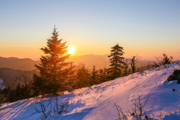 Beautiful winter landscape. The sun sets below the horizon against the backdrop of powdered winter trees atop a snowy mountain.