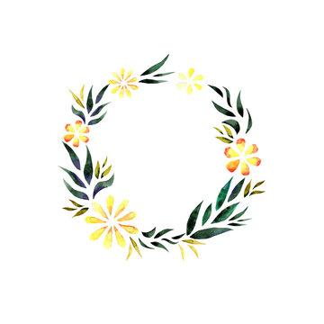 Watercolor illustration of yellow flowers and green leaves. Round frame for decoration. Free space for text