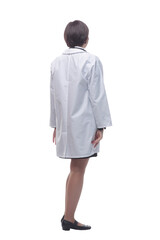 female doctor looking at a white screen. isolated on a white background.