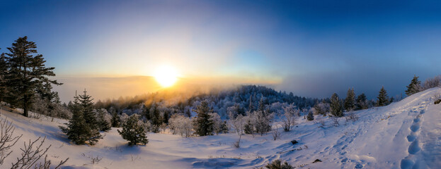 Beautiful winter landscape. The sun sets below the horizon against the backdrop of powdered winter...