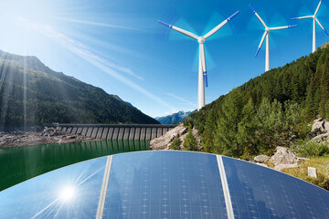 Renewable Energies Concept - Sunlight with solar panels. Wind with wind turbines. Rain and water...