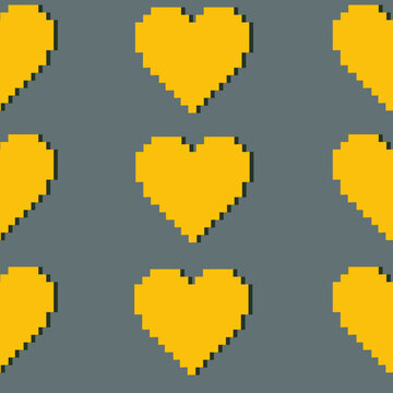 Pattern, Yellow Pixel Hearts On Gray Background
