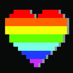 rainbow pixel heart with shadow on black background