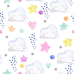 Cute cartoon fairy nature with  rainbow watercolor seamless pattern. 