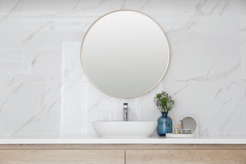 Modern bathroom interior with stylish mirror and vessel sink - obrazy, fototapety, plakaty