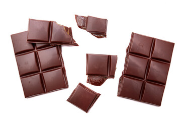 Dark chocolate bar, isolated on white background, top view.