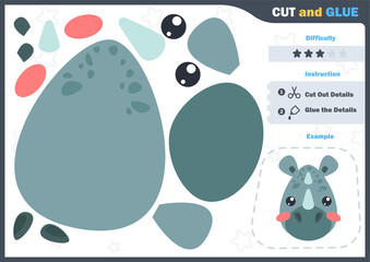 Cartoon rhino. Education paper game for preshool children. Cut parts of the image and glue on the paper. Vector illustration. Cut and Glue Game.