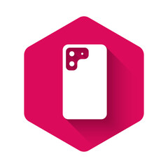 White Smartphone, mobile phone icon isolated with long shadow background. Pink hexagon button. Vector.