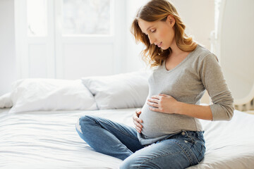 Obraz premium Portrait of young pregnant woman at home.