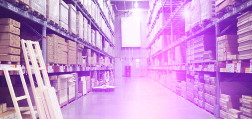 Fototapeta premium Banner Interior of new large and modern warehouse space. Building materials warehouse, logistics concept, construction of houses, loader. high contrast and monochrome color tone. material, shipping