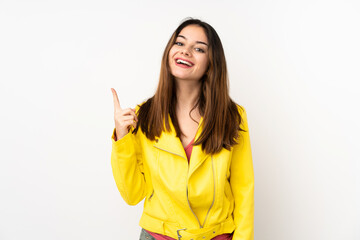 Young caucasian woman isolated on white background pointing up and surprised