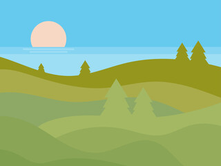 Natural landscape in a minimalistic style. Green hills with trees. Plains and mountains, fields and meadows. Boho decor for prints, posters and interior design. Vector illustration