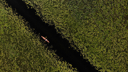 Top aerial view of young man floats on an orange kayak on the overgrown river. Ukraine, Europe