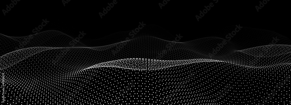 Poster Abstract gradient wave of particles. Hexagon cyber structure. Big data. Digital background. Futuristic vector illustration.