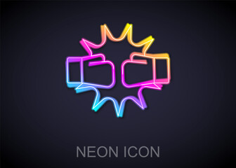 Glowing neon line Punch in boxing gloves icon isolated on black background. Boxing gloves hitting together with explosive. Vector.