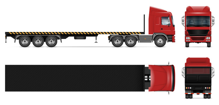 Flatbed trailer truck vector mockup on white for vehicle branding, corporate identity. View from side, front, back, top. All elements in the groups on separate layers for easy editing and recolor