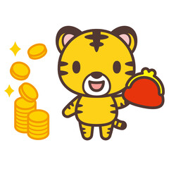 財布を持つかわいいトラのキャラクターとコイン