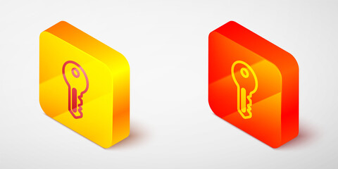 Isometric line House key icon isolated on grey background. Yellow and orange square button. Vector.