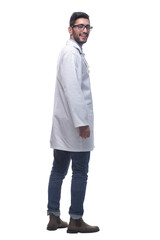 Fototapeta premium doctor with a stethoscope looking at a white blank screen .