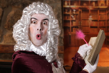 Surprised man taking notes with baroque style 